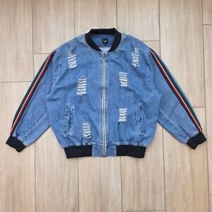 NUDE Denim Bomber Jacket Unisex L Distressed Stripe Sleeve Oversized Blue Zip